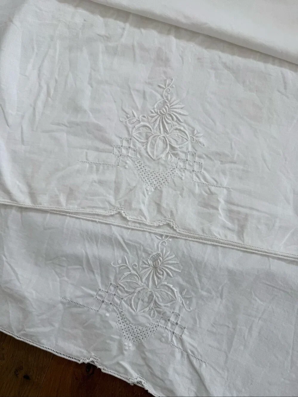 2 Vintage Queen Size Pillowcases Tonal Embroidered Floral Hemstitch Edge